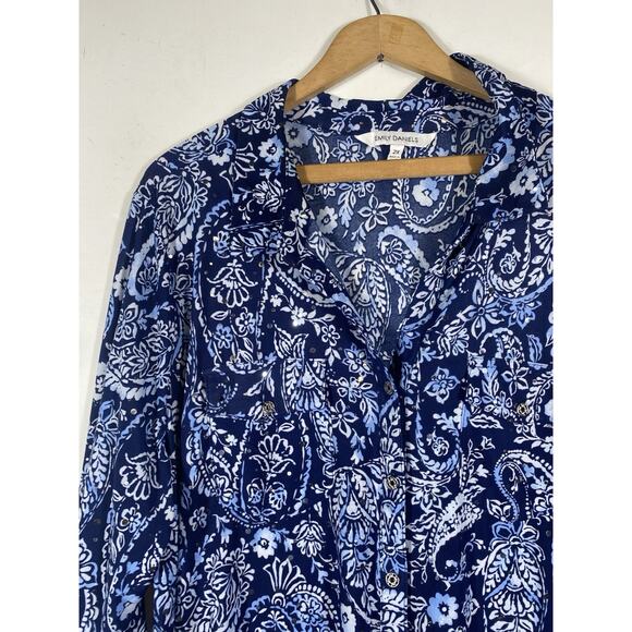 Emily Daniels Top 2X Blue Paisley Slinky Knit Travel Button Up Coastal Mature - Picture 4 of 13